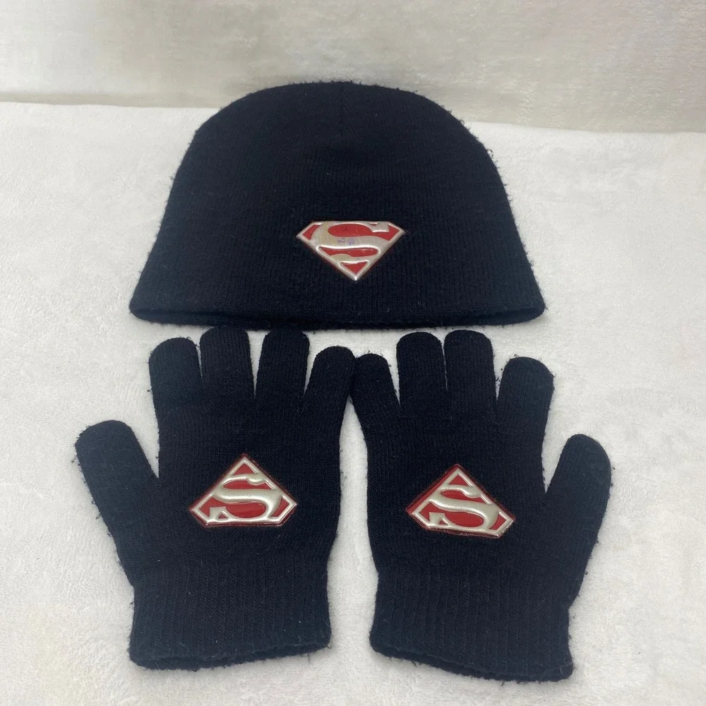 VTG Childs Superman Knit Beanie Hat Gloves‎ Set Black Red S Shield Logo Winter